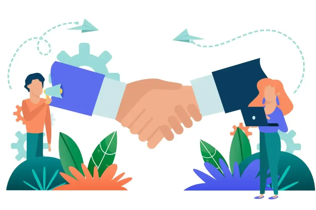 Handshake symbolizing a business partnership with people on either side, one with a megaphone and the other with a laptop, amidst stylized plants and paper airplanes suggesting a deal or agreement.