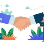 Handshake symbolizing a business partnership with people on either side, one with a megaphone and the other with a laptop, amidst stylized plants and paper airplanes suggesting a deal or agreement.