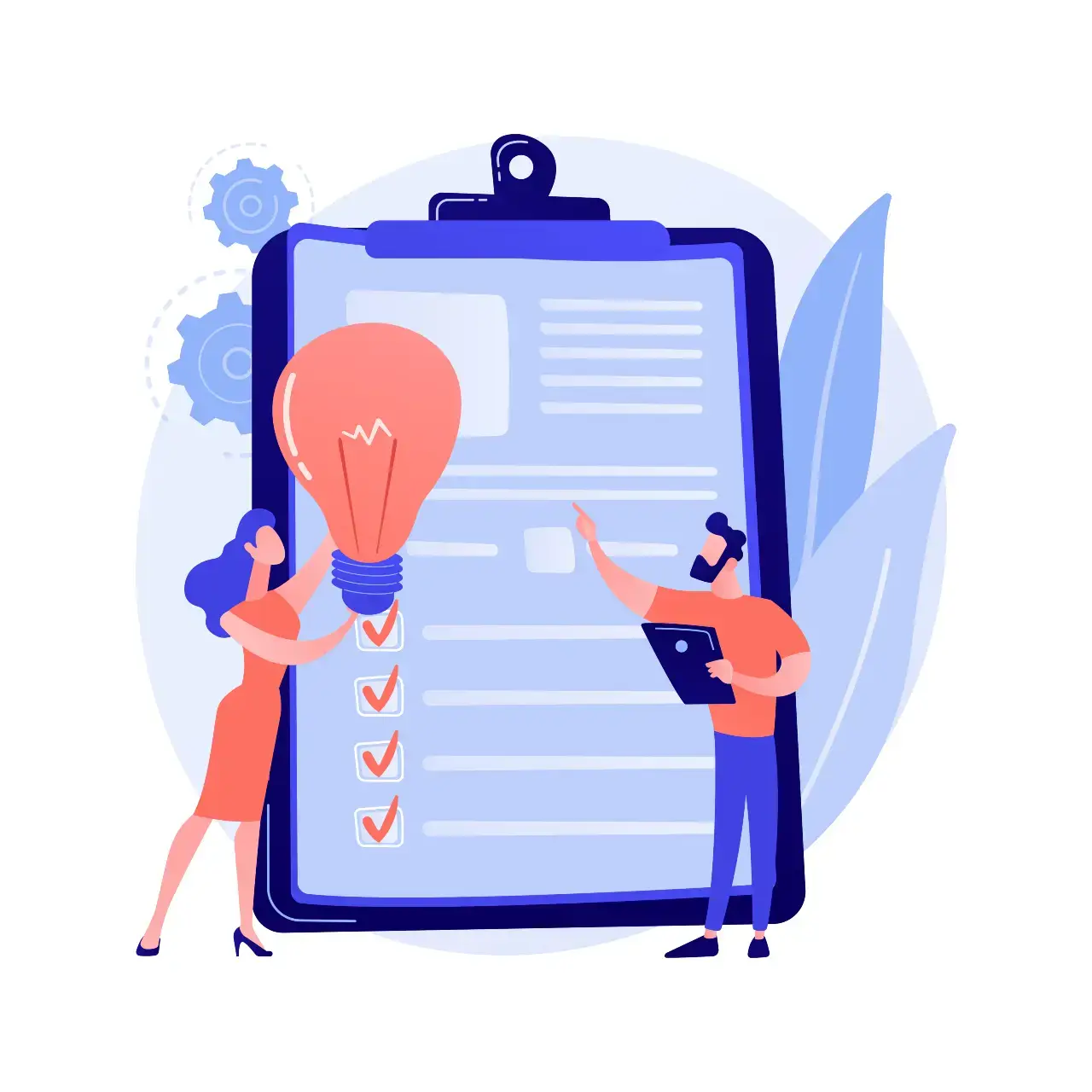 Illustration of a team collaborating on a company proposal, using a checklist to plan the strategy and execution of a new idea.