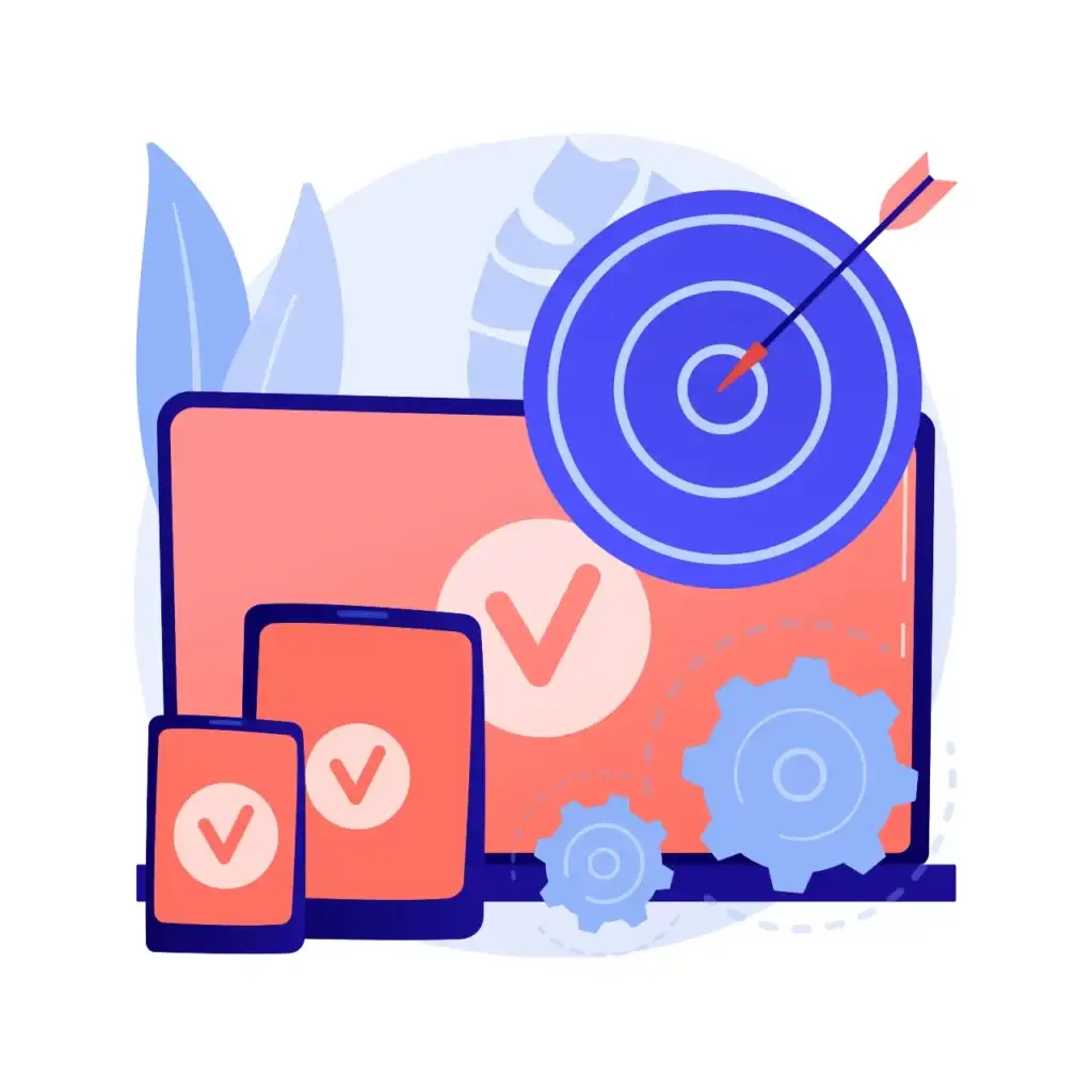 Arrow hitting the bullseye of a target displayed on a laptop, tablet, and phone, with checkmarks indicating success.